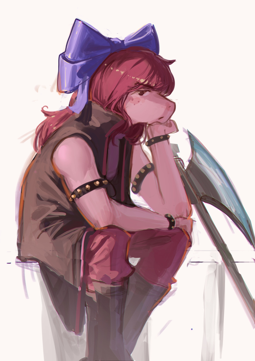 1girl, absurdres, armlet, axe, battle_axe, black_armlet, black_boots, blue_bow