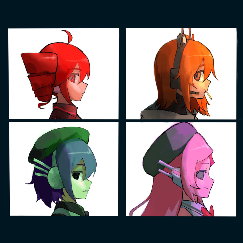 4girls, a.i._voice, adachi_rei, ahoge, album_cover_redraw, beret, black_eyes, black_shirt