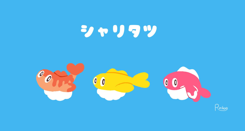 alternate_color, black_eyes, blue_background, bright_pupils, colored_skin, fins, fish, fish_(food)