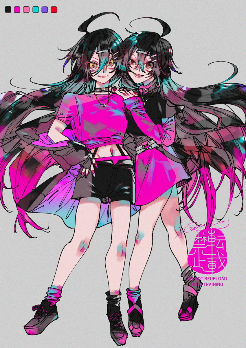 2girls, absurdres, ahoge, alternate_costume, black_eyes, black_hair, black_sheep_town, black_shoes