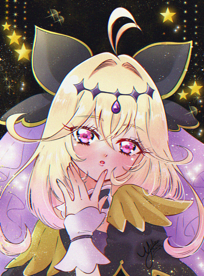 1girl, antenna_hair, black_background, black_bow, black_capelet, blonde_hair, blush, bow
