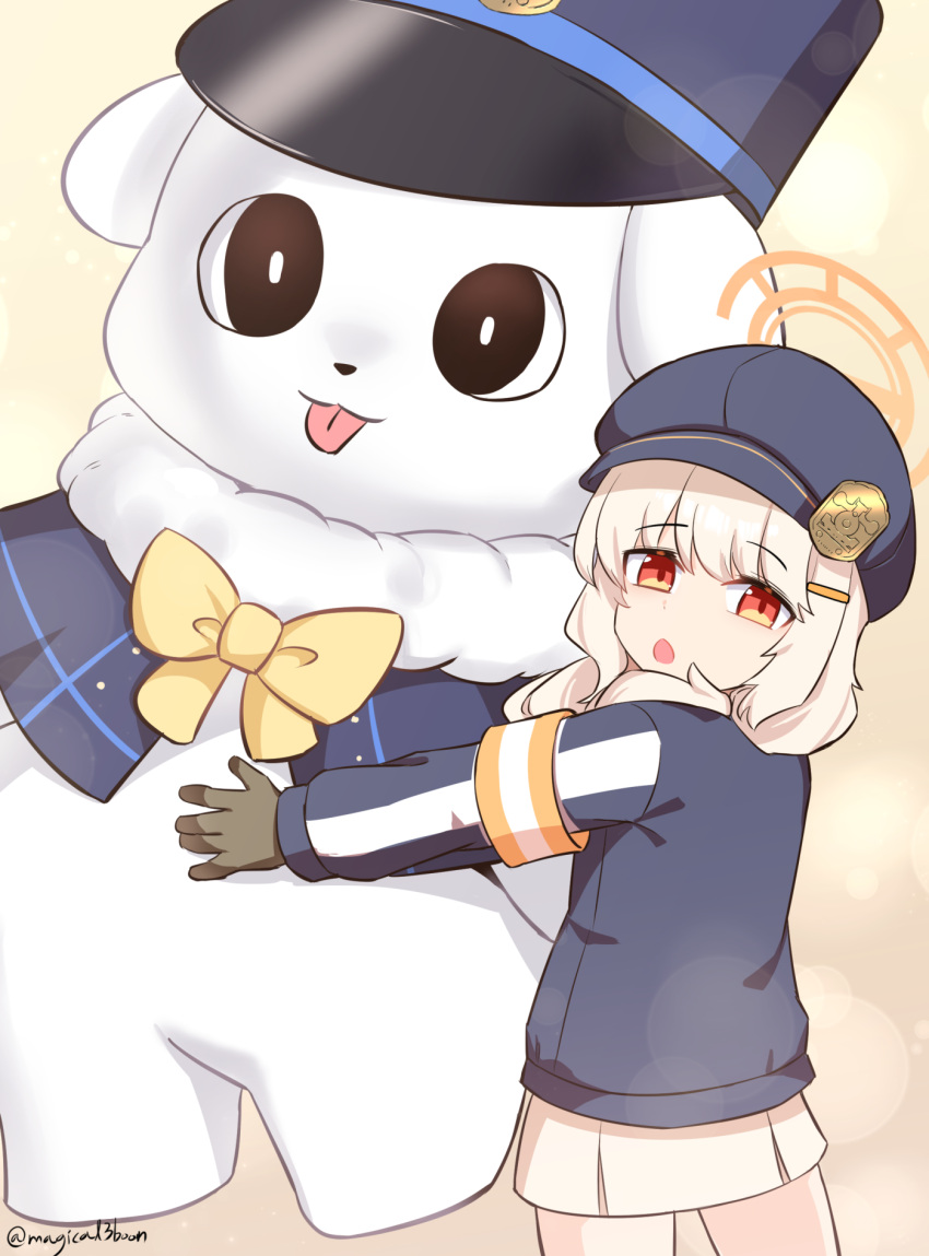1girl, aoba_(blue_archive), artist_name, black_hat, blonde_hair, blue_archive, brown_gloves, commentary_request, gloves, halo, hat, highres, holding, holding_stuffed_toy, long_hair, long_sleeves, looking_at_viewer, open_mouth, orange_halo, peaked_cap, simple_background, skirt, solo, stuffed_toy, threeboon