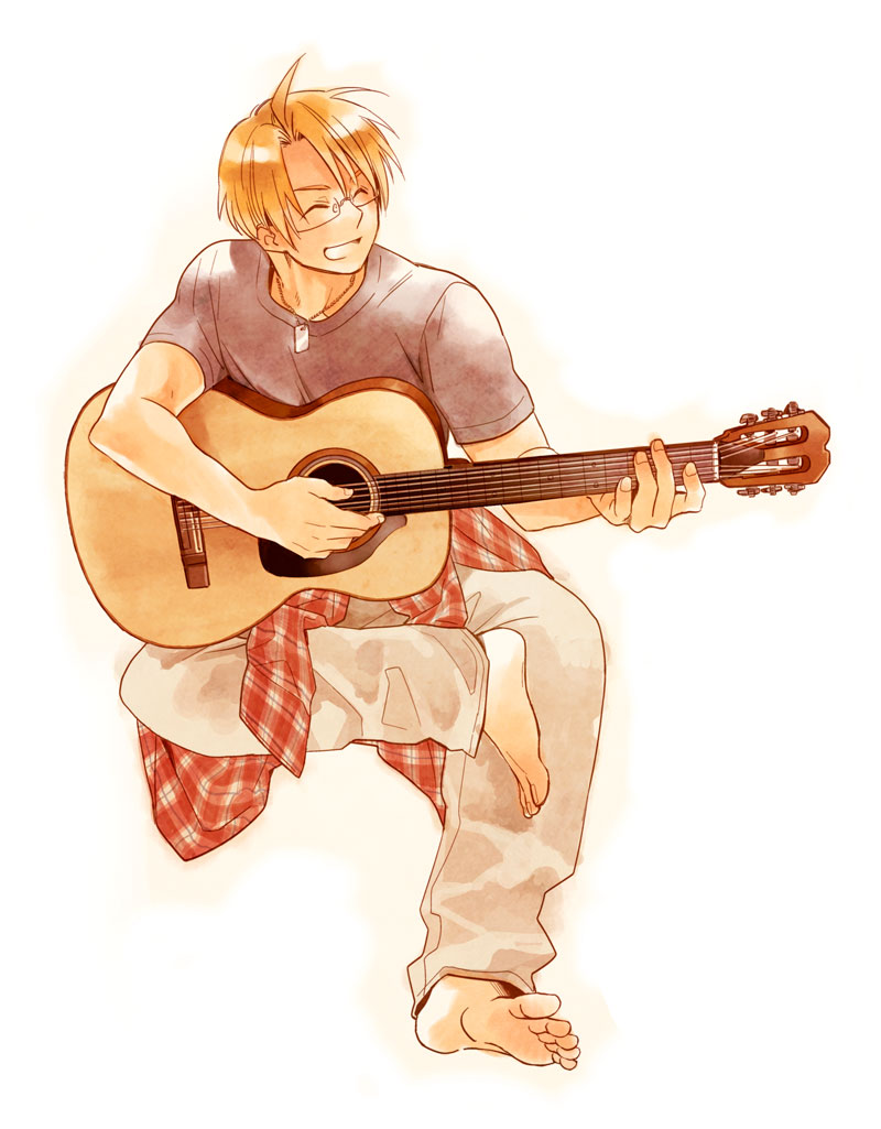 acoustic_guitar, ahoge, america_(hetalia), arms_up, axis_powers_hetalia, bangs, barefoot, blonde_hair, closed_eyes, dog_tags, eyes_closed, feet, glasses, guitar, happy, instrument, iwaki_soyogo, jacket, jewelry, male, necklace, open_mouth, pants, short_hair, sitting, solo, tag