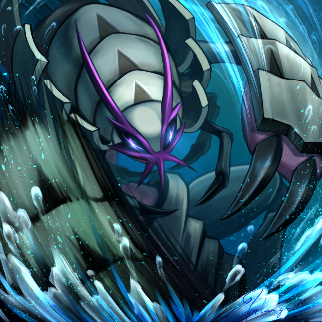 claws, commentary_request, golisopod, liquidation_(pokemon), motion_blur, no_humans, oborohizuki_no_misago, pokemon