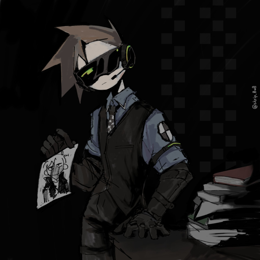 1boy, black_gloves, black_pants, black_vest, blue_shirt, book, book_stack, brown_hair