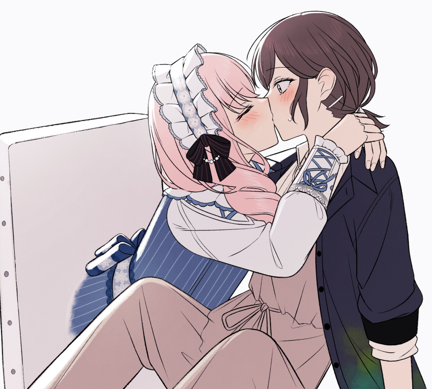 1girl, 1other, akiyama_mizuki, arms_around_neck, blush, brown_eyes, brown_hair, closed_eyes, collared_shirt, colorful_festival_(project_sekai), commentary, curly_hair, drawstring, hair_down, headdress, highres, kiss, long_hair, looking_at_another, mutu_(25love), nervous_sweating, official_alternate_costume, official_alternate_hairstyle, other_with_female, ponytail, profile, project_sekai, shinonome_ena, shirt, sweat, tied_drawstring, very_long_hair, white_background