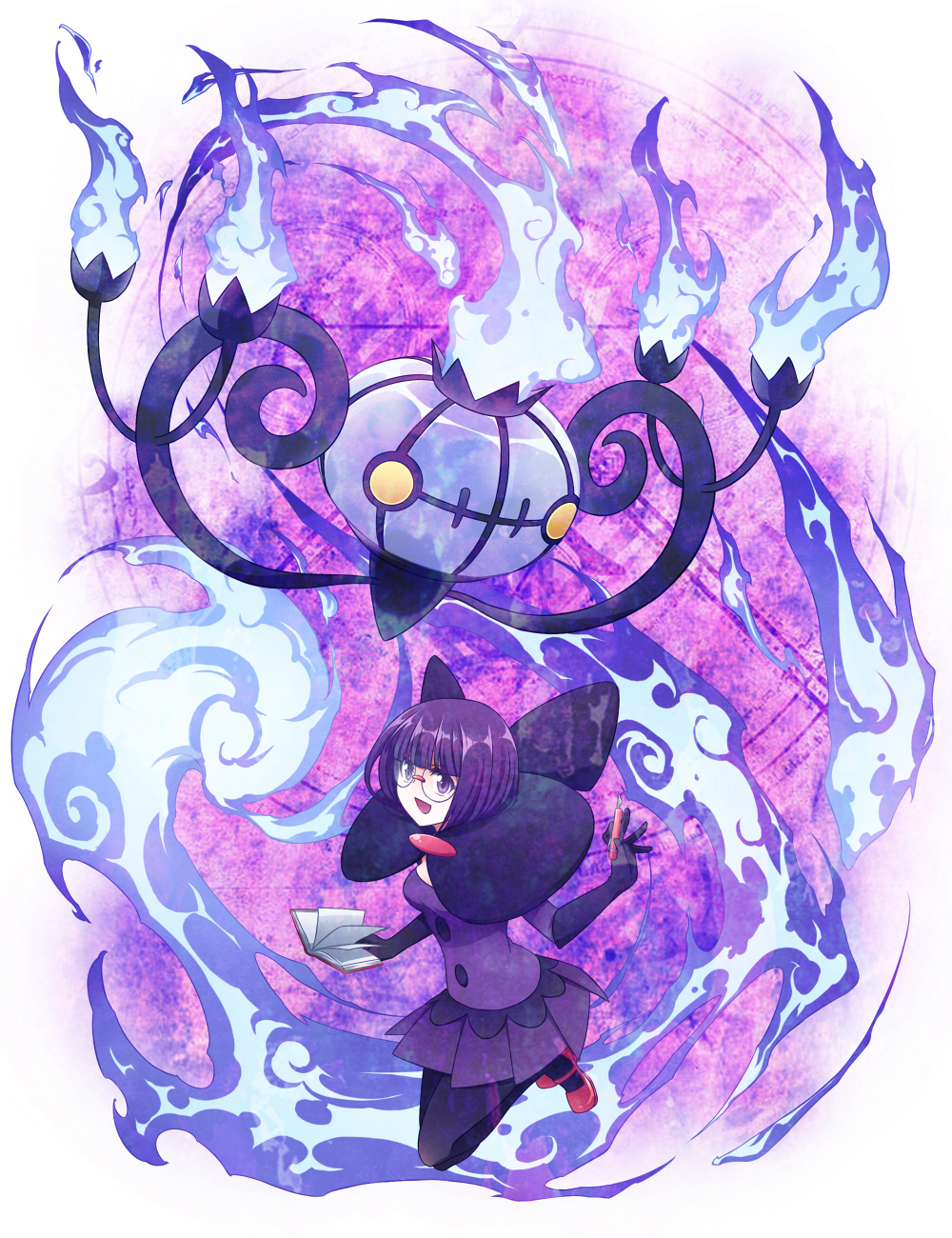 1girl, azrain, bangs, blue_fire, blunt_bangs, bob_cut, book, chandelure