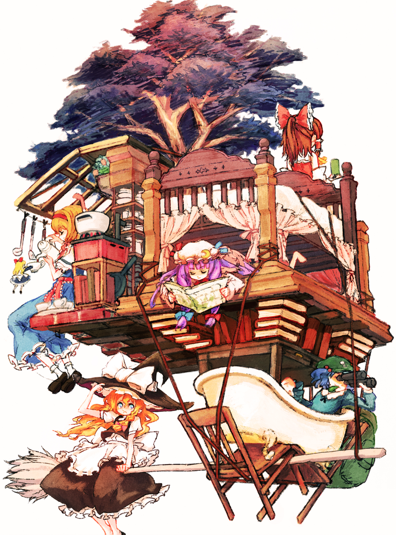 alice_margatroid, bathtub, bed, binoculars, blonde_hair, blue_hair, book, bow, broom, brown_hair, closed_eyes, cup, eyes_closed, hair_bobbles, hair_bow, hair_ornament, hair_ribbon, hair_tubes, hakurei_reimu, hakurei_shrine, heartfulkill, kawashiro_nitori, key, kirisame_marisa, multiple_girls, newspaper, patchouli_knowledge, pouring, pouring_tea, purple_hair, reading, ribbon, shanghai_doll, simple_background, tea, teacup, touhou, traditional_media, tree