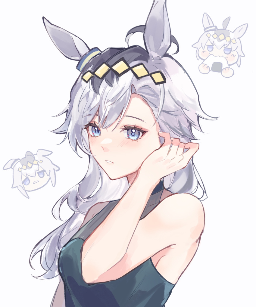 1girl, ahoge, animal_ears, bare_shoulders, blue_dress, blue_eyes, cassiopeia19, chibi, chibi_inset, closed_mouth, commentary, dress, ear_ornament, eating, english_commentary, food, grey_hair, hair_ornament, head_tilt, highres, horse_ears, horse_girl, long_hair, oguri_cap_(umamusume), onigiri, simple_background, sleeveless, sleeveless_dress, solo, umamusume, upper_body, white_background