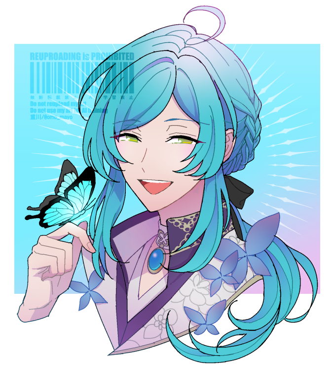 1boy, ahoge, artist_name, barcode, blue_butterfly, blue_gem, blue_hair, braid