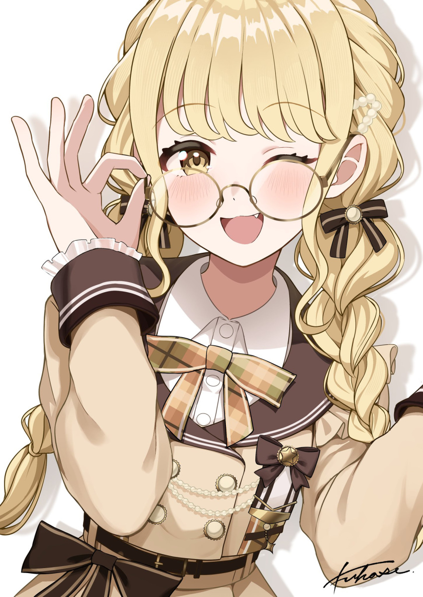 1girl, ;d, adjusting_eyewear, blazer, blush, braid, brown_jacket, commentary_request