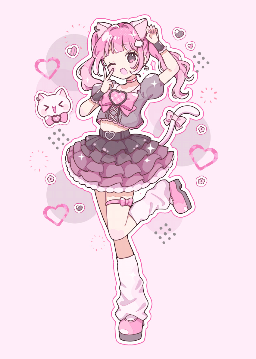 >_<, 1girl, ;d, absurdres, animal_ears, arm_up, black_shirt, black_skirt, blunt_bangs, blush_stickers, bow, bowtie, cat, cat_ears, cat_girl, cat_hair_ornament, cat_tail, commentary, dosukoi_(nagihoko), dot_nose, frilled_skirt, frills, full_body, hair_ornament, hand_up, highres, long_hair, looking_at_viewer, nail_polish, one_eye_closed, open_mouth, original, outline, pink_background, pink_bow, pink_bowtie, pink_eyes, pink_hair, pink_nails, pink_shoes, shirt, shoes, short_sleeves, skirt, smile, socks, solo, standing, standing_on_one_leg, symbol-only_commentary, tail, thigh_strap, twintails, v, white_outline, white_socks