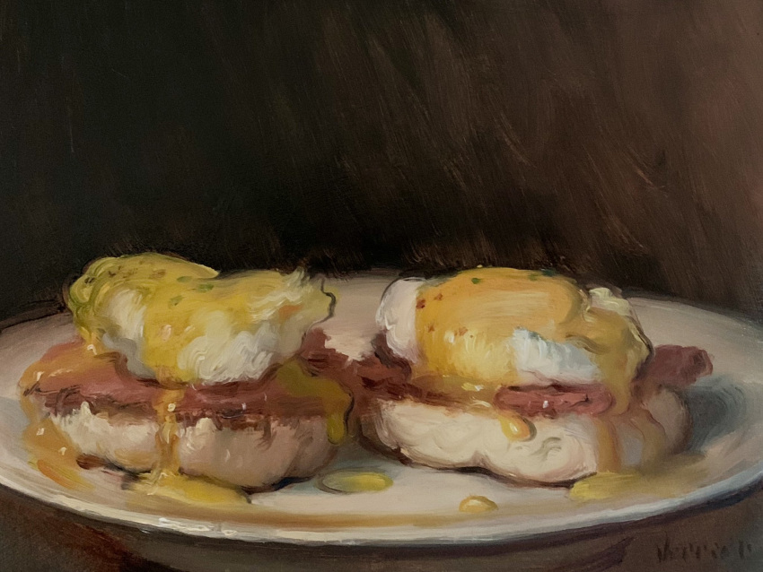 brown_background, commentary, egg_(food), egg_yolk, english_commentary, english_muffin, food, food_focus