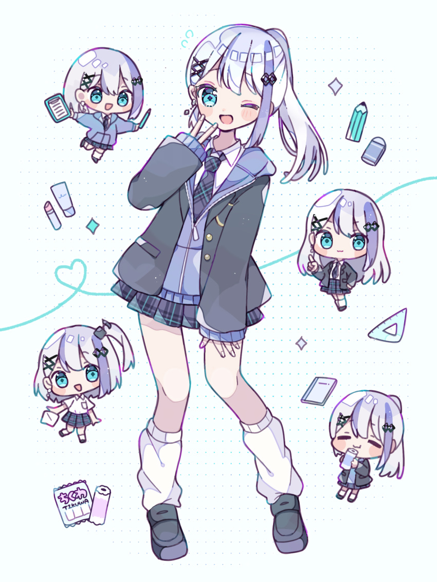 1girl, :3, :d, ;d, aqua_eyes, black_jacket, black_necktie, black_shoes