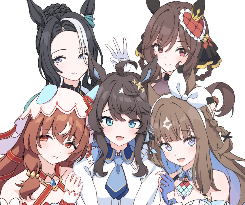 5girls, absurdres, ahoge, almond_eye_(umamusume), animal_ears, black_hair, blue_eyes, blush