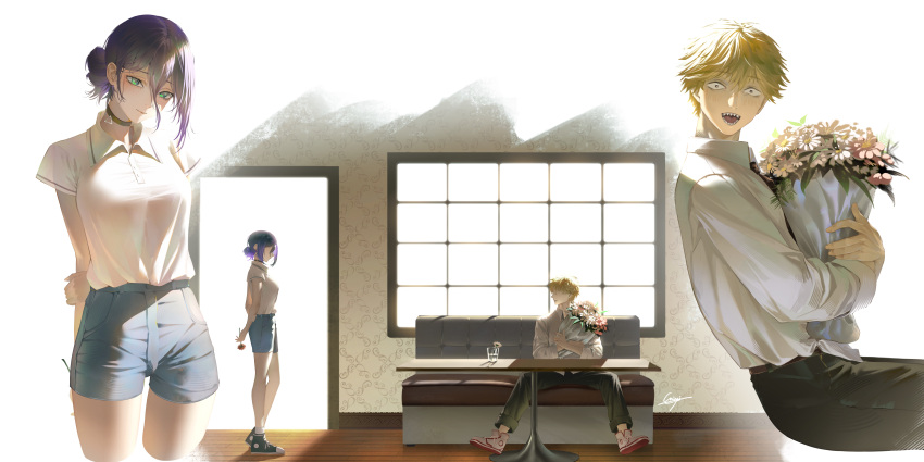 1boy, 1girl, absurdres, arms_behind_back, black_choker, black_pants, blonde_hair, blue_shorts, border, bouquet, chainsaw_man, chinese_commentary, choker, collared_shirt, commentary_request, constricted_pupils, couch, cup, dating, denim, denim_shorts, denji_(chainsaw_man), doorway, fading_border, flower, green_eyes, hand_on_own_arm, highres, holding, holding_bouquet, irregular_border, looking_at_another, multiple_views, on_couch, pants, pants_rolled_up, pink_flower, polo_shirt, purple_hair, qinyi_chinyi, reze_(chainsaw_man), sharp_teeth, shirt, shirt_tucked_in, shoes, shorts, signature, sneakers, table, teeth, white_flower, white_shirt, window, wooden_floor