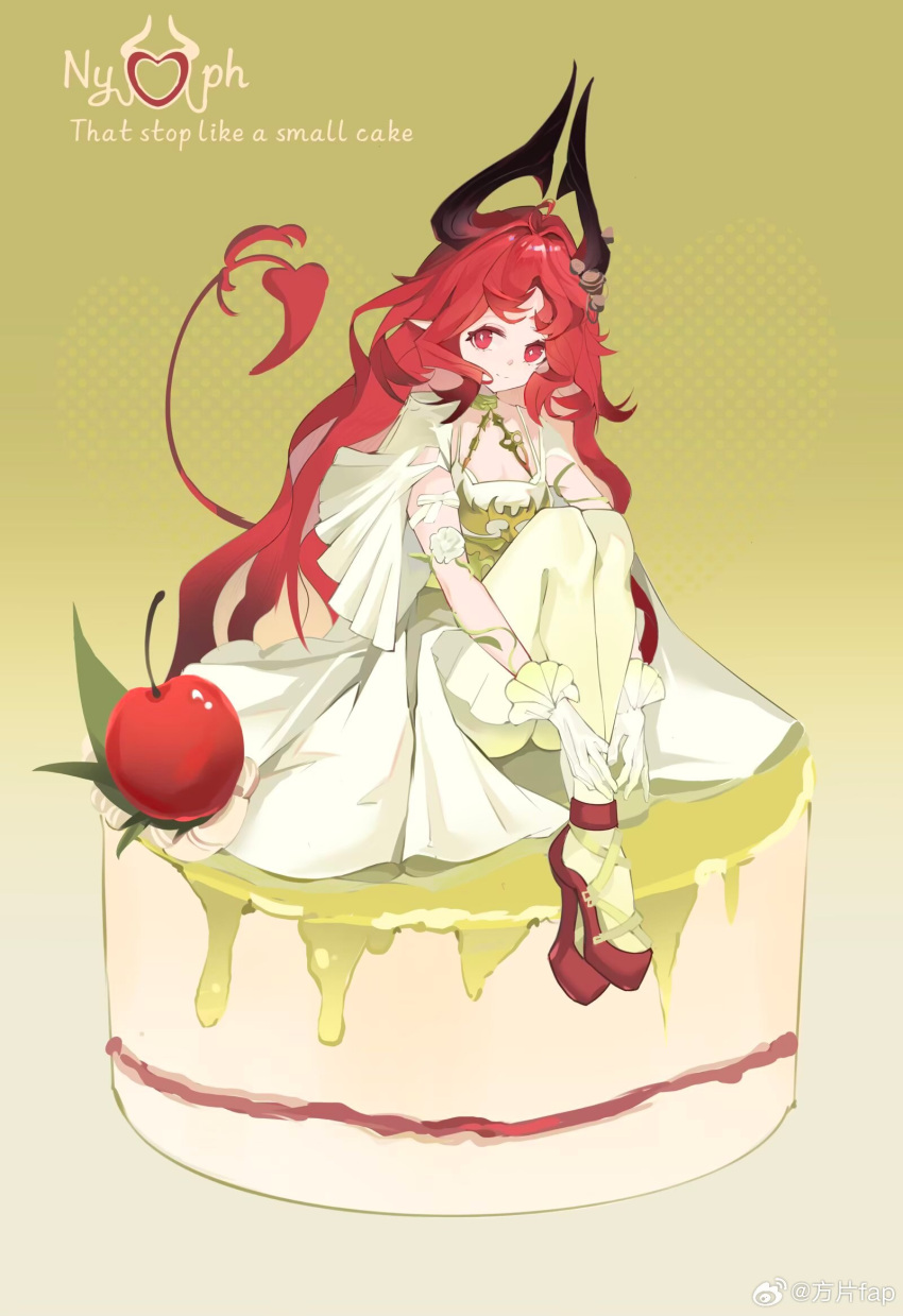 1girl, arknights, bright_pupils, character_name, cherry, chinese_commentary, closed_mouth, commentary_request, diamond-shaped_pupils, diamond_(shape), dress, english_text, fang_pian_fap, food, fruit, full_body, gloves, grey_pantyhose, highres, knees_up, light_smile, long_hair, looking_at_viewer, mini_person, minigirl, nymph_(arknights), pantyhose, pointy_ears, red_eyes, red_hair, red_shoes, red_tail, shoes, sitting, solo, symbol-shaped_pupils, tail_raised, white_dress, white_gloves, white_pupils