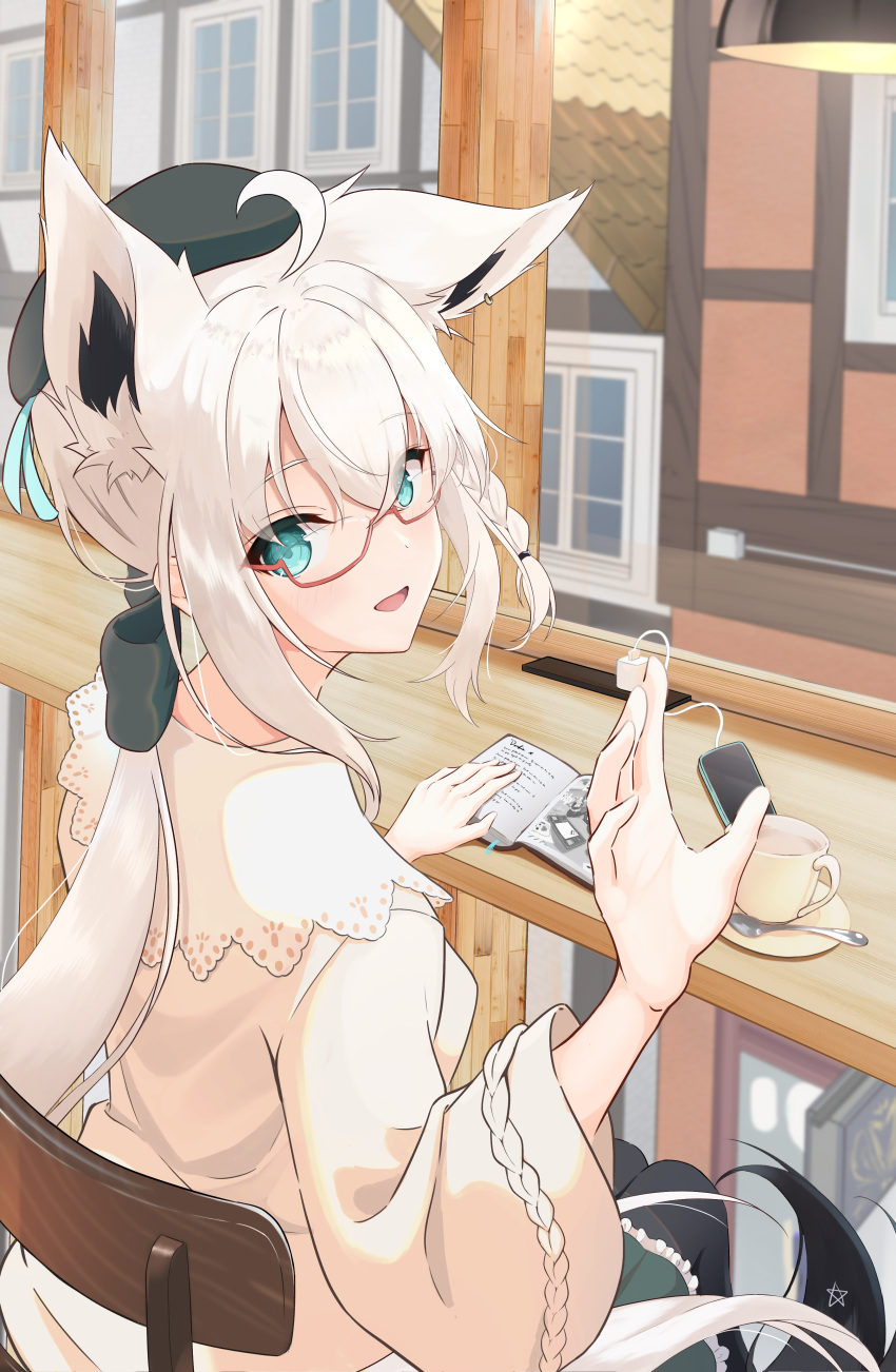 1girl, :d, absurdres, ahoge, animal_ear_piercing, animal_ears, aqua_eyes, beret