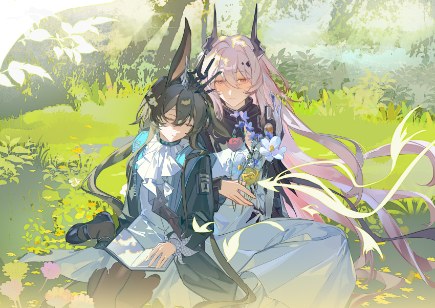 2girls, absurdres, amiya_(arknights), amiya_(medic)_(arknights), animal_ears, arknights, black_horns, black_pantyhose, black_shoes, book, bouquet, brown_hair, closed_eyes, closed_mouth, commentary, day, demon_horns, dress, flower, gepinaibao, grass, hair_between_eyes, highres, holding, holding_bouquet, horns, leaning_on_person, long_hair, long_sleeves, multiple_girls, open_book, outdoors, pantyhose, pink_eyes, pink_flower, pink_hair, rabbit_ears, rabbit_girl, shoes, sitting, sleeping, sleeping_on_person, sleeping_upright, smile, symbol-only_commentary, theresa_(arknights), very_long_hair, white_dress, white_flower, yellow_flower