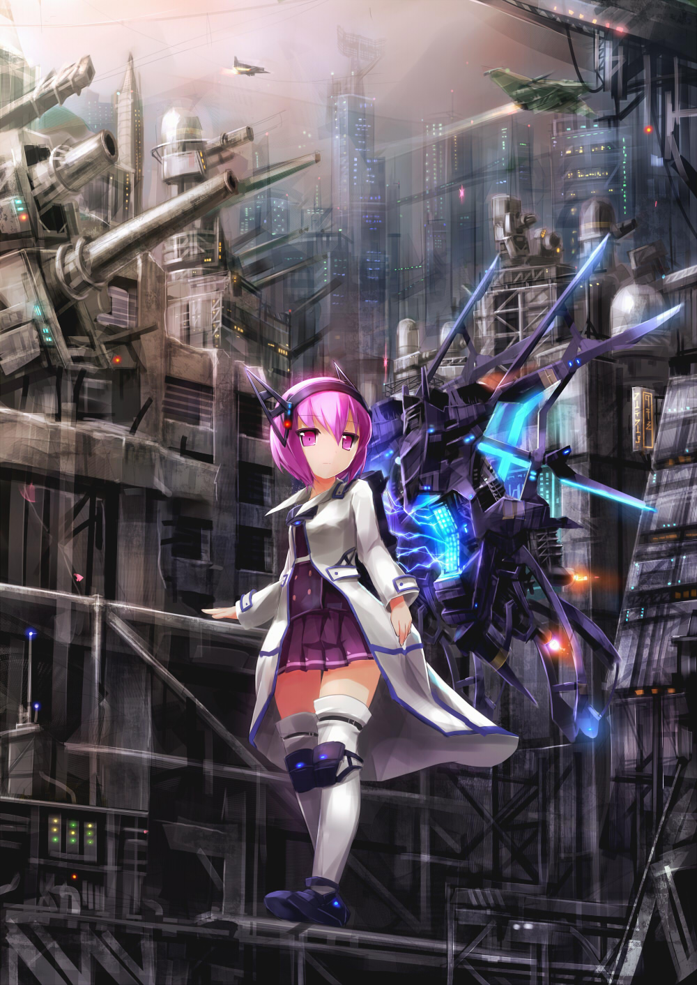 artificial_wings, building, cannon, coat, fighter_jet, glowing, hairband, highres