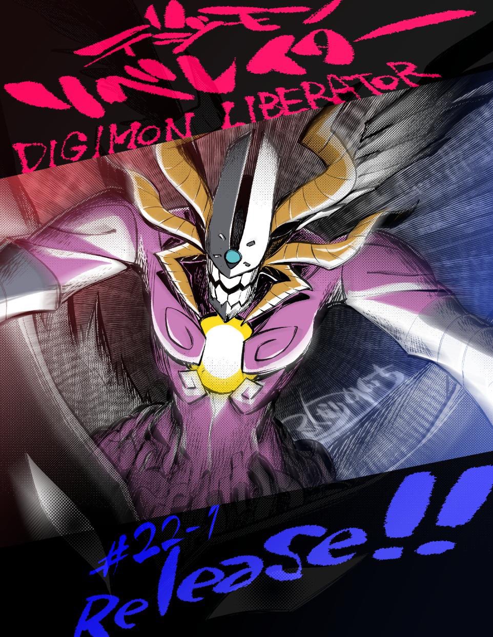 black_border, border, chapter_number, chest_jewel, colored_skin, copyright_name, cowboy_shot, digimon