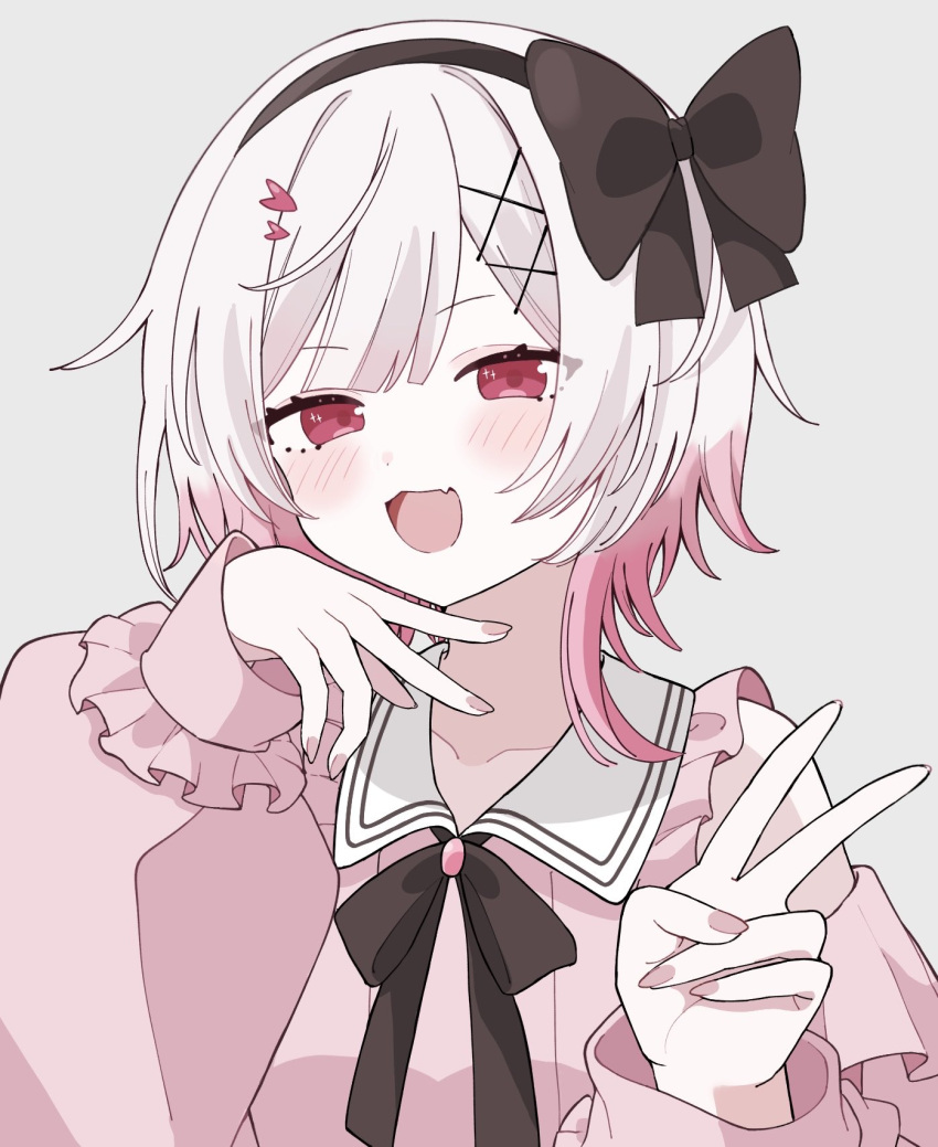 1girl, :d, black_bow, black_hairband, black_ribbon, book_off, bow, collared_shirt