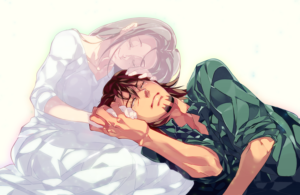 1girl, akiyama_(yamagoya), amamiya_tomoe, brown_eyes, brown_hair, couple, facial_hair, ghost