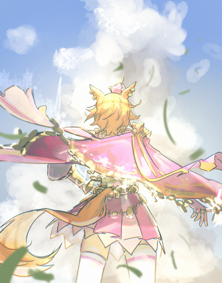 1girl, absurdres, animal_ears, armor, blue_sky, cape, clouds, commentary