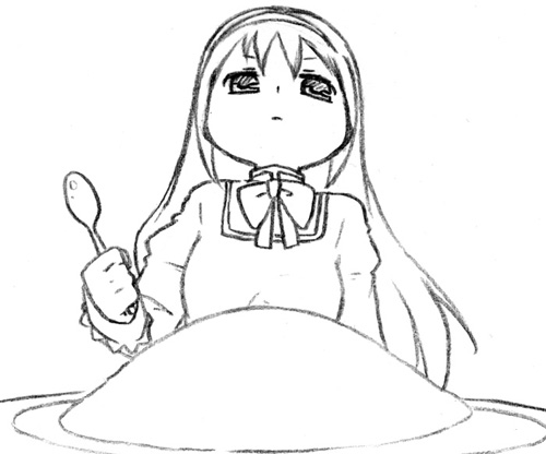 0201ymrs, akemi_homura, bow, food, hairband, long_hair, lowres, mahou_shoujo_madoka_magica