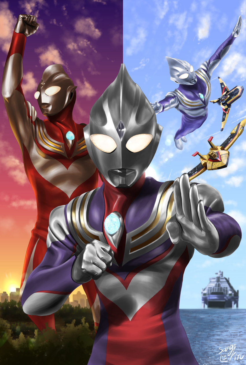 1boy, absurdres, aircraft, airplane, alien, armor, arms_up, blue_sky, breastplate, building, city, cityscape, clenched_hand, clouds, cloudy_sky, color_timer, colored_skin, commentary, compound_eyes, crystal, day, dive_hanger, dorsal_fin, fighter_jet, fighting_stance, flying, forehead_jewel, giant, giant_male, glowing, glowing_eyes, gradient_eyes, gradient_sky, guts_wing, guts_wing_02, hands_up, highres, looking_at_viewer, male_focus, midair, military_vehicle, multicolored_eyes, multicolored_skin, multiple_views, muscular, muscular_male, no_pupils, orange_sky, outdoors, pectorals, purple_skin, purple_sky, raised_fist, red_skin, shining_gold_montblanc, silver_skin, sky, split_theme, straight-on, sunset, tokusatsu, toned, toned_male, ultra_series, ultraman_tiga, ultraman_tiga_(multi_type), ultraman_tiga_(power_type), ultraman_tiga_(series), ultraman_tiga_(sky_type), white_eyes, wrinkled_skin, yellow_eyes