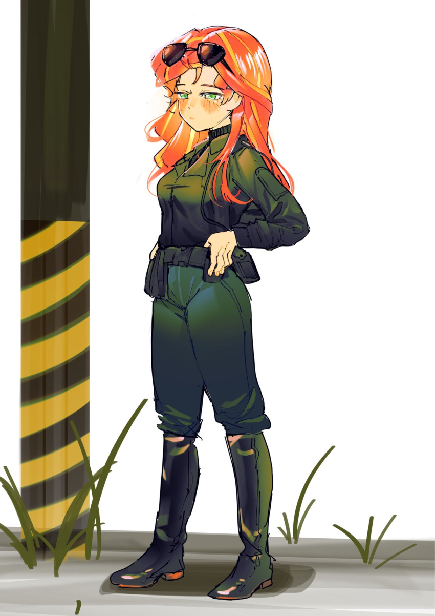 1girl, :|, amazingpuffhair, black-framed_eyewear, black_sweater, blonde_hair, blush, boots