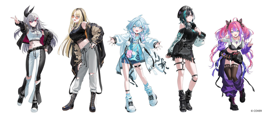 5girls, :d, ahoge, animal_print, aqua_hair, beret, black_boots, black_bow