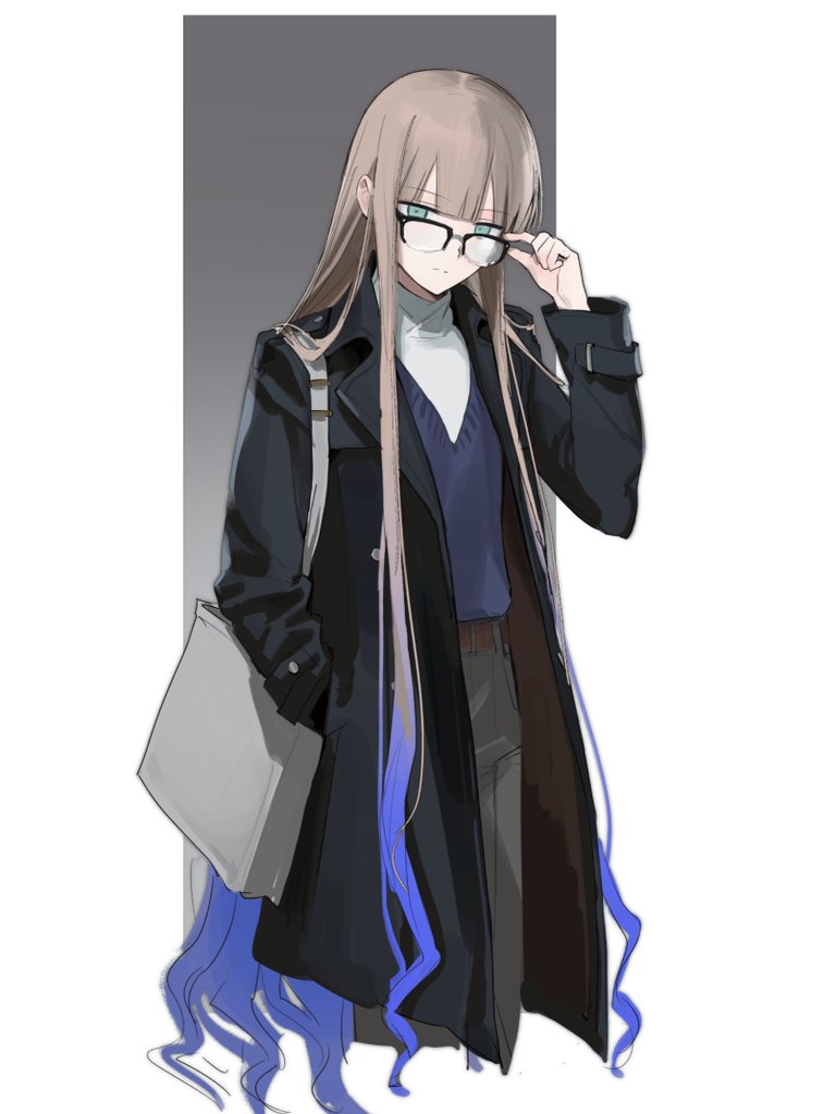 1boy, adjusting_eyewear, bag, belt, black_coat, blue_hair, blue_sweater, brown_belt