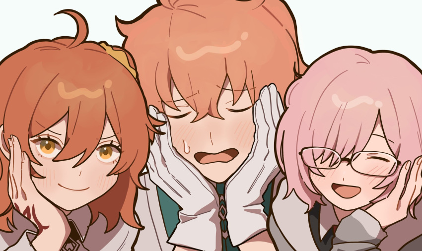 1boy, 2girls, 773_577_773, ahoge, blush, chaldea_logo, closed_eyes, closed_mouth