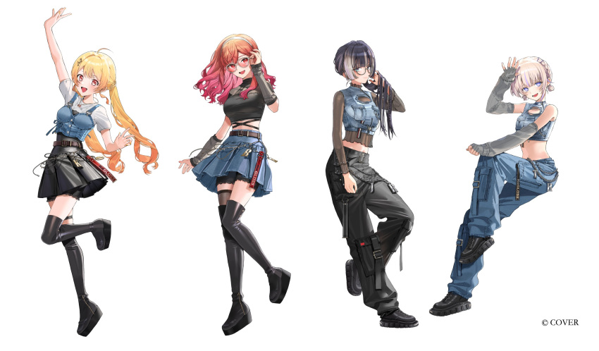 4girls, :d, ahoge, arm_up, black_boots, black_hair, black_pants, black_shirt