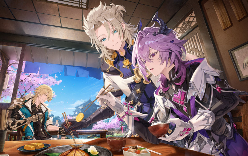 3boys, albedo_(genshin_impact), aqua_eyes, aqua_jacket, arm_armor, armor, black_coat, black_gloves