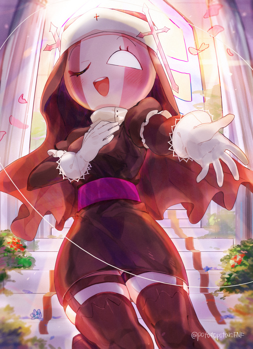 1girl, ;d, absurdres, backlighting, belt, black_dress, black_thighhighs, black_veil