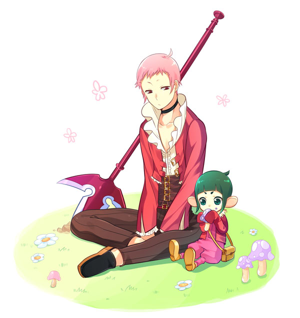 belt, choker, coat, coda, creature, flower, green_eyes, green_hair, hasta_ekstermi, male, mushroom, pants, pink_hair, polearm, red_eyes, shoes, sitting, spear, tales_of_(series), tales_of_innocence, weapon, yukishiro365
