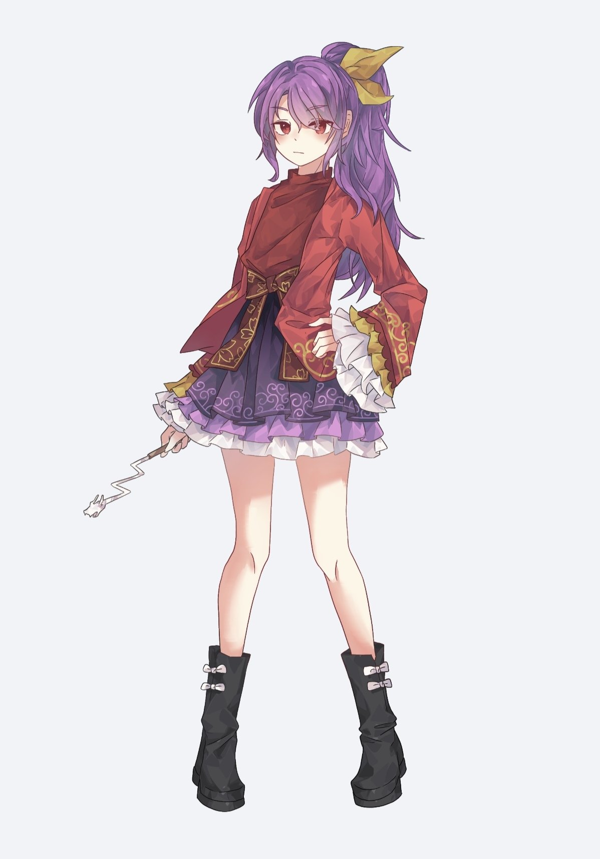 alternate_costume, bow, commentary_request, footwear_bow, frilled_sleeves, frills, full_body, highres, holding, holding_smoking_pipe, jyjmekou, komakusa_sannyo, looking_at_viewer, purple_hair, purple_skirt, red_eyes, red_shirt, shirt, skirt, smoking_pipe, touhou, white_background