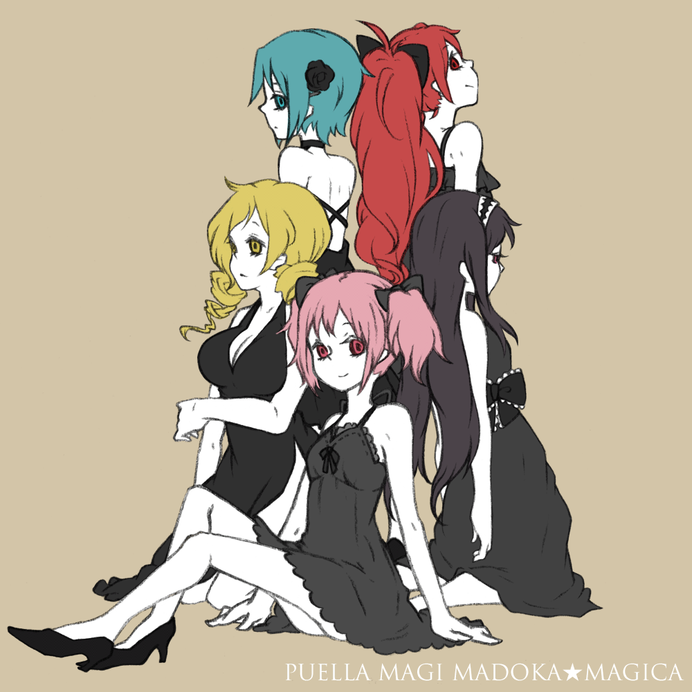 0201ymrs, akemi_homura, artist_request, bare_shoulders, black_dress, black_hair, blonde_hair, blue_eyes, blue_hair, bow, breasts, cleavage, dress, drill_hair, hair_bow, hair_ornament, hairband, high_heels, kaname_madoka, large_breasts, long_hair, mahou_shoujo_madoka_magica, miki_sayaka, multiple_girls, pink_hair, ponytail, red_eyes, red_hair, redhead, ribbon, sakura_kyouko, shoes, short_hair, short_twintails, tomoe_mami, twin_drills, twintails, yamarisu_(ymrs), yellow_eyes