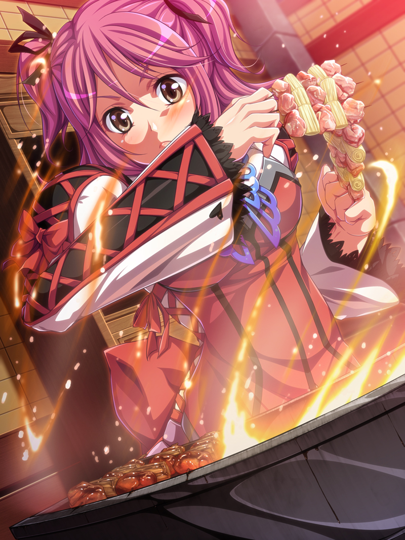brown_eyes, cheria_barnes, chozuru, cooking, fire, food, frown, pink_hair