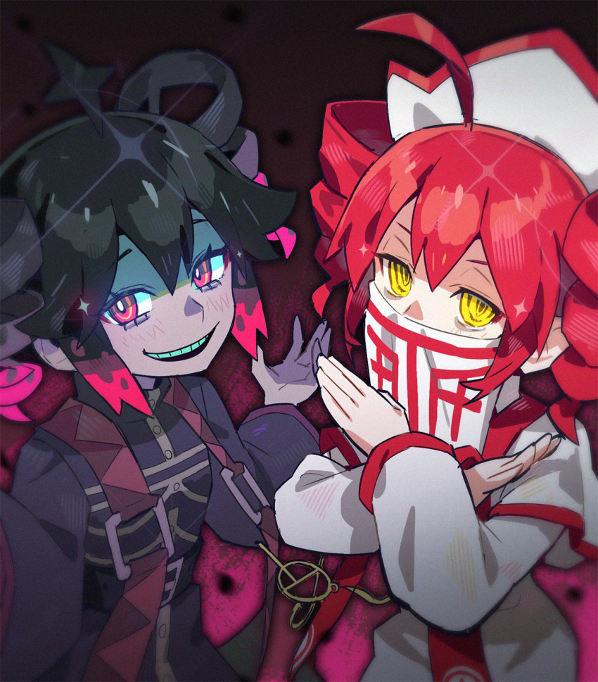 2girls, ahoge, black_hair, black_shirt, capelet, cross_ahoge, crossed_arms, drill_hair