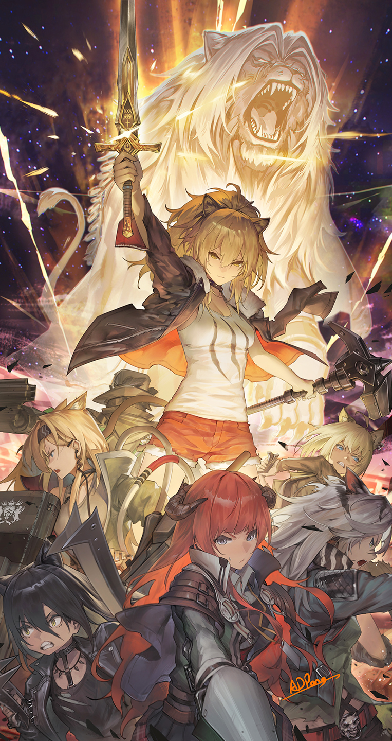 1other, 6+girls, adpong, animal_ears, arknights, artist_name, bagpipe_(arknights), black_hair