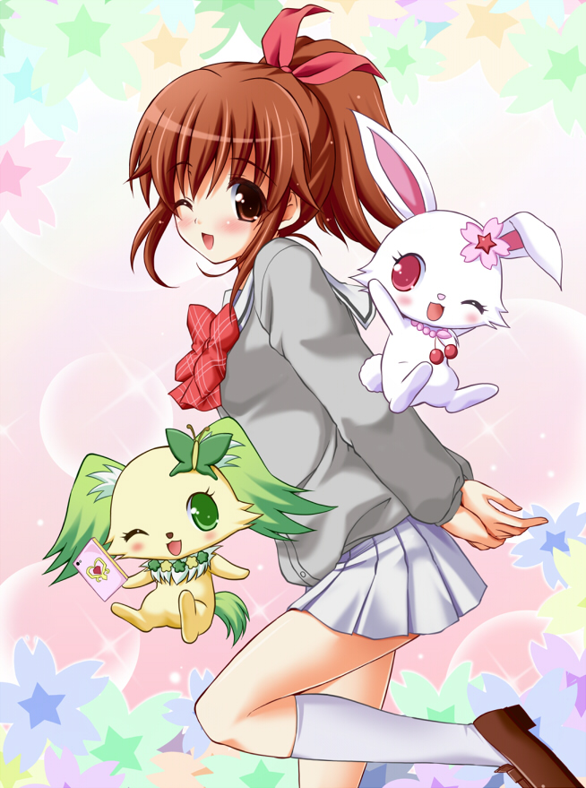 ;d, bow, brown_hair, cardigan, chisato_(missing_park), hair_ribbon, jewel_pet, jewel_pet_sunshine