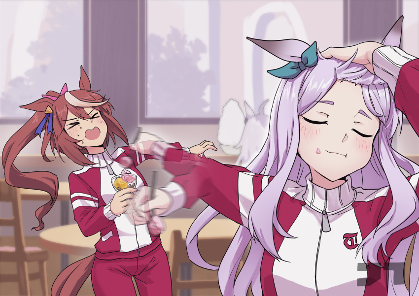 >_<, 3girls, absurdres, ahoge, animal_ears, aqua_bow, blush, bow, brown_hair, closed_eyes, closed_mouth, commentary_request, ear_bow, ear_ribbon, food, food_theft, fork, glutton, grey_hair, hair_between_eyes, hand_on_own_head, high_ponytail, highres, holding, holding_food, holding_fork, horse_ears, horse_girl, horse_tail, jacket, jtleeklm, jujutsu_kaisen, long_hair, long_sleeves, mejiro_mcqueen_(umamusume), multicolored_hair, multiple_girls, oguri_cap_(umamusume), open_mouth, pants, ponytail, purple_hair, red_jacket, red_pants, red_track_suit, rice, scene_reference, streaked_hair, tail, tokai_teio_(umamusume), tracen_training_uniform, track_jacket, track_pants, track_suit, two-tone_hair, umamusume, white_hair