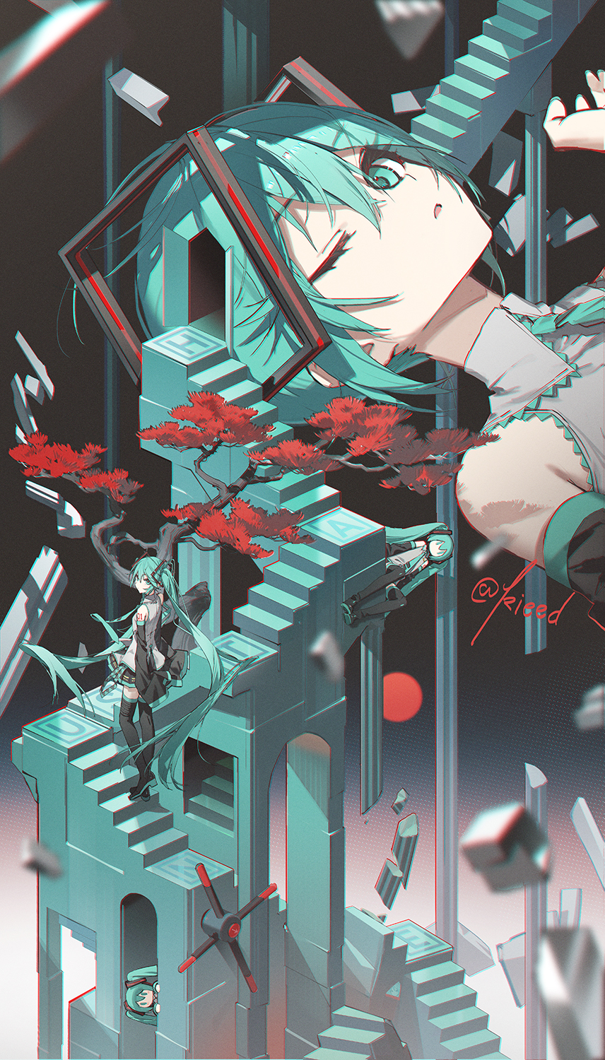 1girl, aqua_eyes, aqua_hair, aqua_nails, aqua_necktie, architecture, bare_shoulders, between_breasts