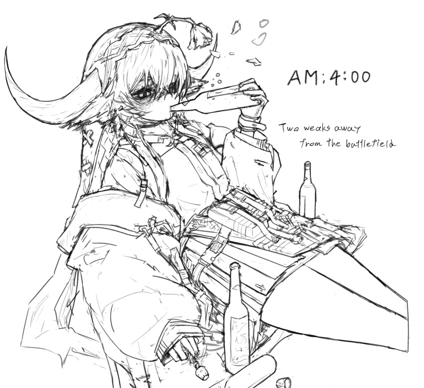 1girl, alcohol, arknights, bags_under_eyes, bottle_opener, cork, cow_girl, cow_horns