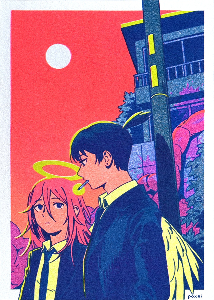 2boys, angel, angel_devil_(chainsaw_man), angel_wings, artist_name, black_hair, black_necktie, border