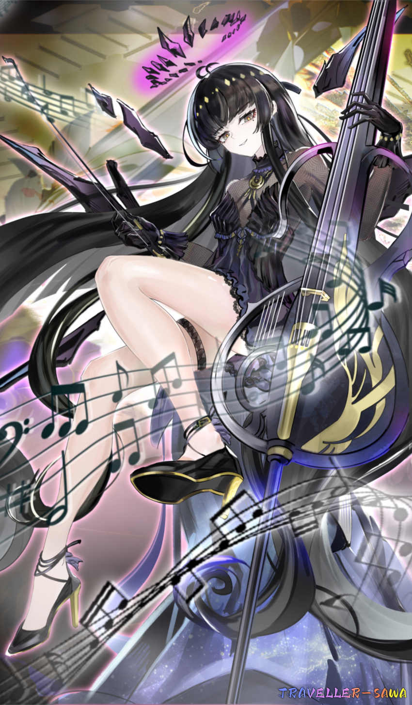 1girl, absurdly_long_hair, absurdres, arknights, artist_name, black_dress, black_gloves, black_hair, cello, commentary_request, dress, flower, full_body, gloves, halo, high_heels, highres, hime_cut, holding, holding_weapon, instrument, logo, long_hair, musical_note, profile, solo, thigh_strap, very_long_hair, virtuosa_(arknights), virtuosa_(diversity_oneness)_(arknights), weapon, xiyang_xia_de_lang_ke_(sawa)