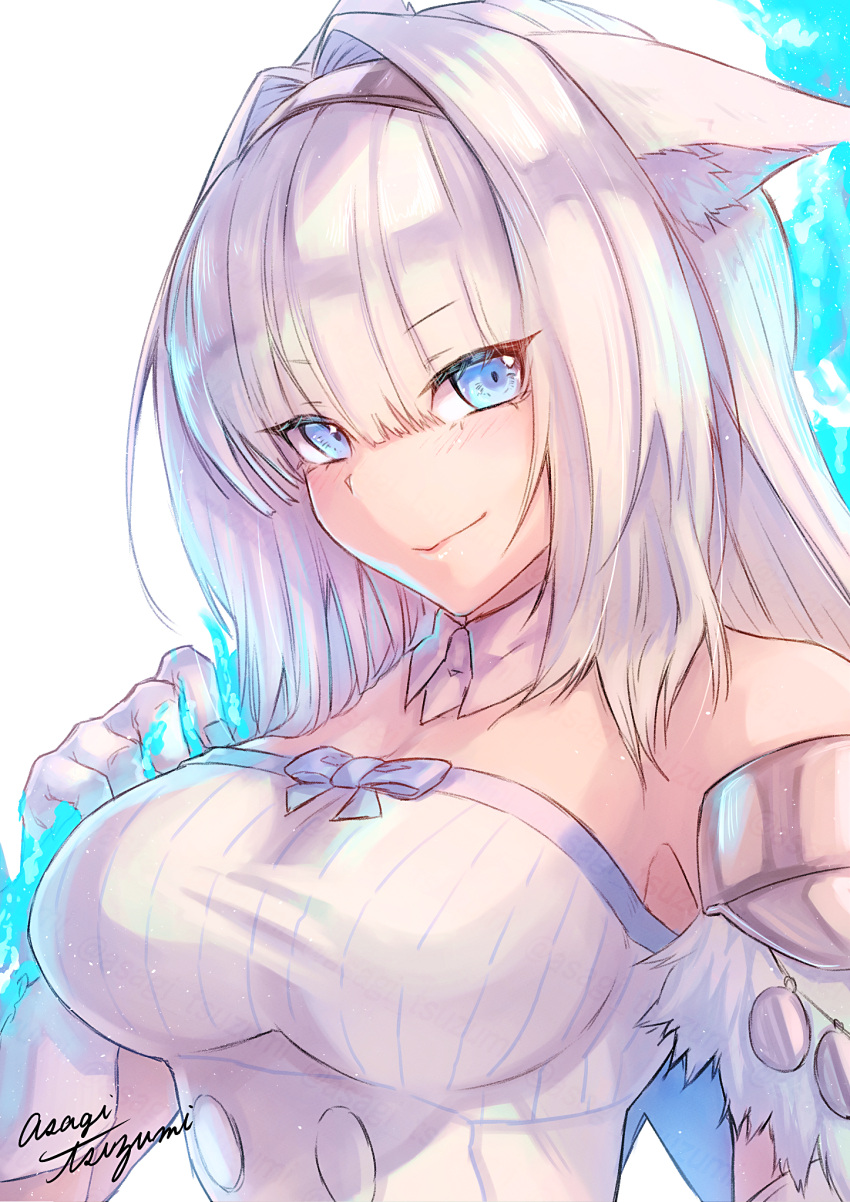 1girl, animal_ears, asagi_tsuzumi, blue_eyes, blue_fire, breasts, cat_ears, commentary_request, detached_collar, dobrynya_nikitich_(fate), fate/grand_order, fate_(series), fire, flaming_weapon, gloves, hairband, highres, large_breasts, long_hair, metal_hairband, over_shoulder, signature, weapon, weapon_over_shoulder, white_gloves, white_hair